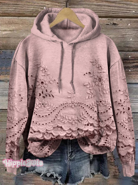Damska bluza z kapturem i kieszeniami, z teksturą i kwiatowymi wzorami, w stylu casual