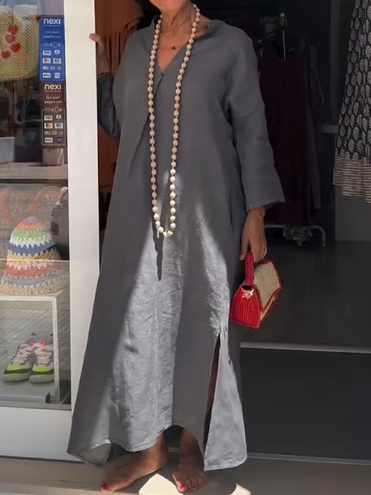 Damska sukienka casualowa z dekoltem w serek z bawełny i lnu