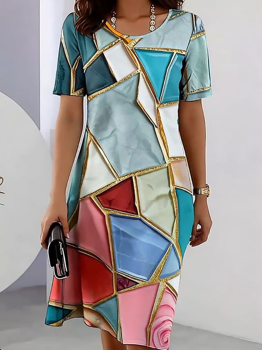 Damska sukienka casualowa z okrągłym dekoltem i krótkim rękawem, z nadrukiem