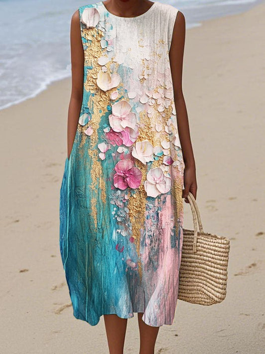 Damska sukienka casualowa z okrągłym dekoltem i nadrukiem bez rękawów