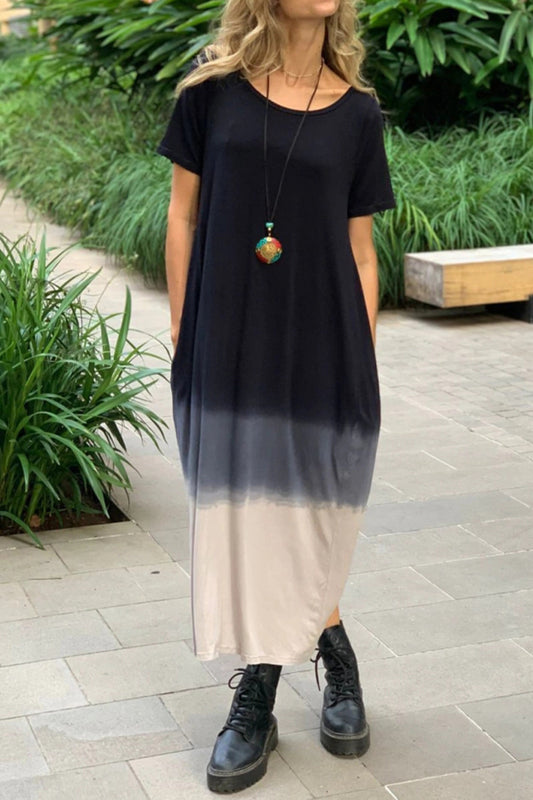 Damska luźna sukienka swobodna z okrągłym dekoltem i kontrastowym wykończeniem
