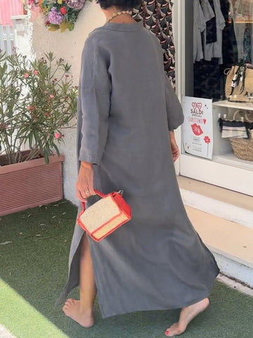 Damska sukienka casualowa z dekoltem w serek z bawełny i lnu