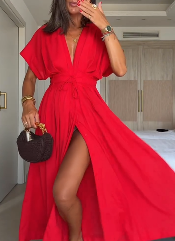 Damska sukienka midi z dekoltem w serek i sznurowaniem