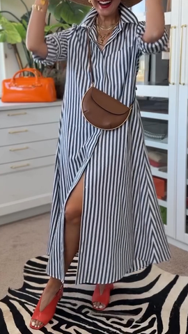 Damska luźna sukienka swobodna z pionowymi paskami i klapami