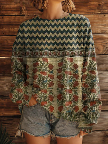 Bluza damska vintage z długim rękawem i okrągłym dekoltem