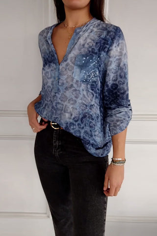 Damska koszula z długim rękawem i cekinami w panterkę