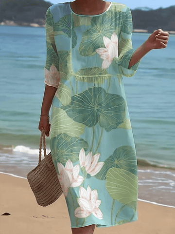 Damska sukienka casualowa z okrągłym dekoltem i średnim rękawem, z nadrukiem z bawełny i lnu