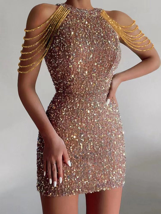 ✨💃🍷Damska sukienka z łańcuszkami i koralikami. Ramiączka typu Body-con Minidress