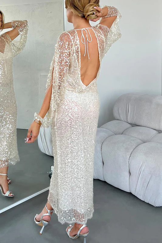 Sukienka maxi z cekinami i wyciętymi rękawami Luxe Night
