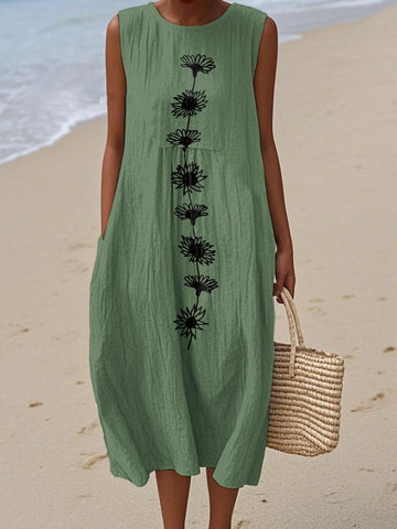 Damska sukienka bez rękawów z okrągłym dekoltem i nadrukiem