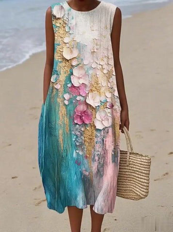 Damska sukienka casualowa z okrągłym dekoltem i nadrukiem bez rękawów