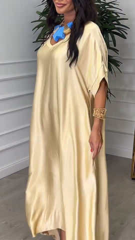 Damska luźna sukienka swobodna z dekoltem w serek w jednolitym kolorze