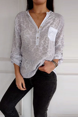 Damska koszula z długim rękawem i cekinami w panterkę