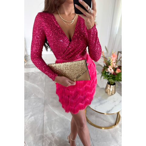 Sequined patchwork layered fringed mini dress