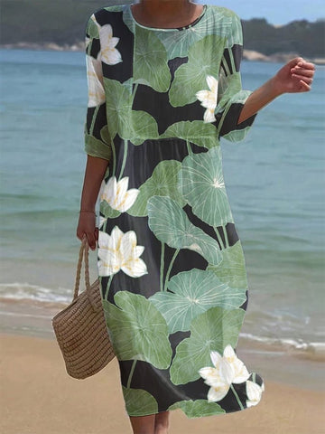 Damska sukienka casualowa z okrągłym dekoltem i średnim rękawem, z nadrukiem z bawełny i lnu