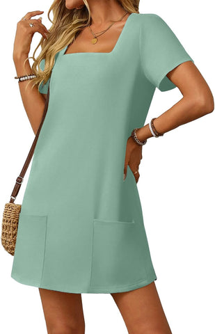 Damska sukienka mini z kwadratowym dekoltem i kieszeniami