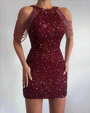 ✨💃🍷Damska sukienka z łańcuszkami i koralikami. Ramiączka typu Body-con Minidress