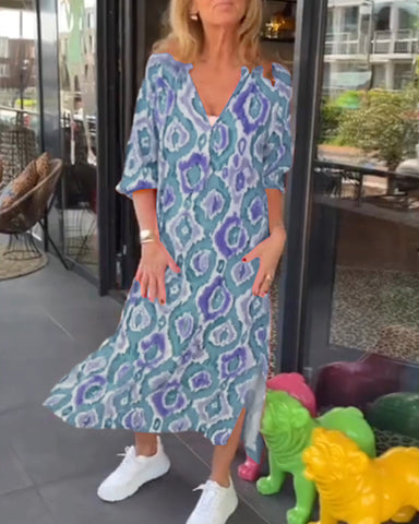 Sukienka maxi z modnym nadrukiem i pół rękawami