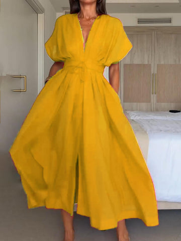 Damska sukienka midi z dekoltem w serek i sznurowaniem