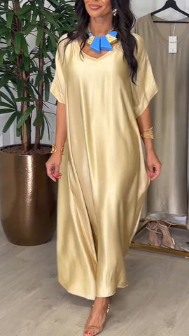 Damska luźna sukienka swobodna z dekoltem w serek w jednolitym kolorze