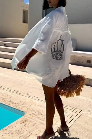 Damska koszula na co dzień z klapami i koroną, z nadrukiem