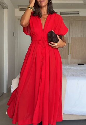 Damska sukienka midi z dekoltem w serek i sznurowaniem