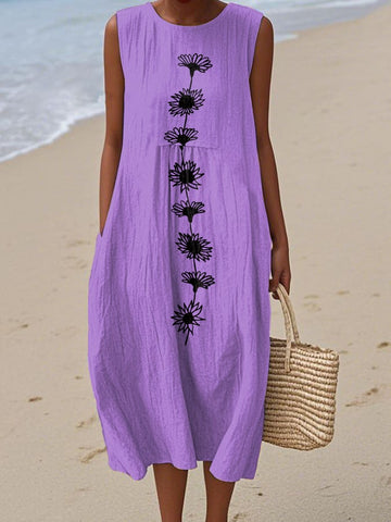 Damska sukienka bez rękawów z okrągłym dekoltem i nadrukiem