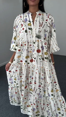 Damska sukienka swobodna z okrągłym dekoltem i nadrukiem w patchwork