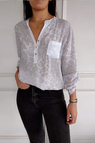 Damska koszula z długim rękawem i cekinami w panterkę