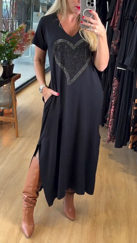 Damska sukienka na co dzień z dekoltem w serek i rozcięciem z kryształkami