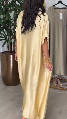 Damska luźna sukienka swobodna z dekoltem w serek w jednolitym kolorze