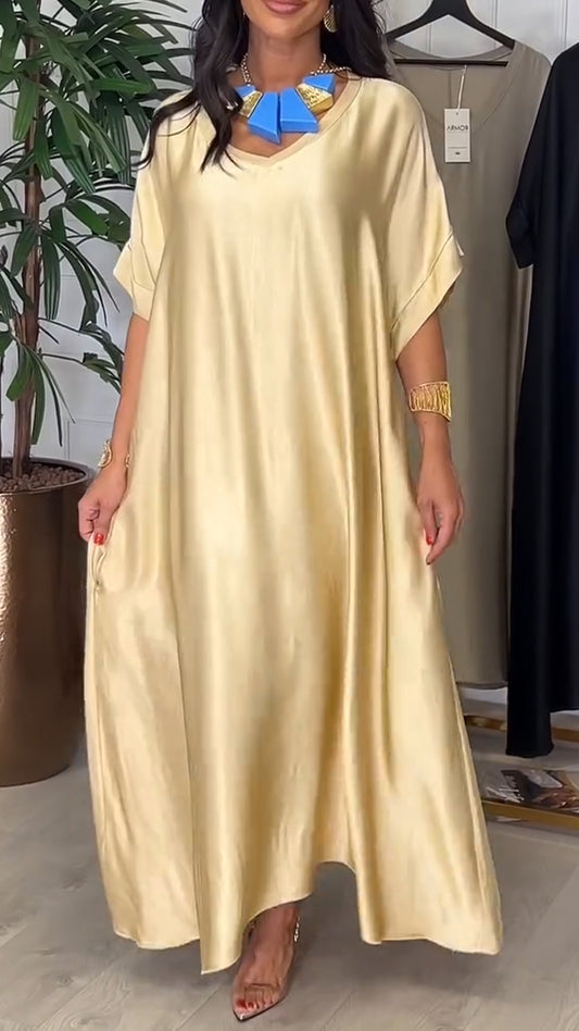 Damska luźna sukienka swobodna z dekoltem w serek w jednolitym kolorze