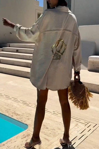 Damska koszula na co dzień z klapami i koroną, z nadrukiem