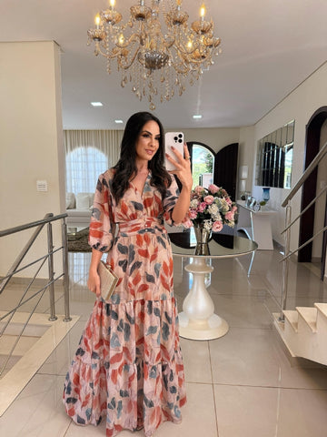 Damska nowa letnia modna sukienka midi z dekoltem V i eleganckim nadrukiem