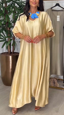 Damska luźna sukienka swobodna z dekoltem w serek w jednolitym kolorze