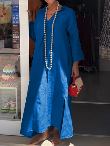 Damska sukienka casualowa z dekoltem w serek z bawełny i lnu