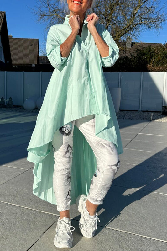 Damska plisowana nieregularna koszula z klapami, luźna i długa