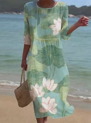 Damska sukienka casualowa z okrągłym dekoltem i średnim rękawem, z nadrukiem z bawełny i lnu