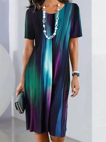 Damska sukienka casualowa z okrągłym dekoltem i krótkim rękawem, z nadrukiem