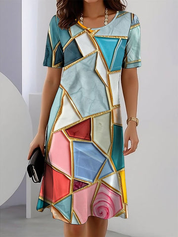 Damska sukienka casualowa z okrągłym dekoltem i krótkim rękawem, z nadrukiem