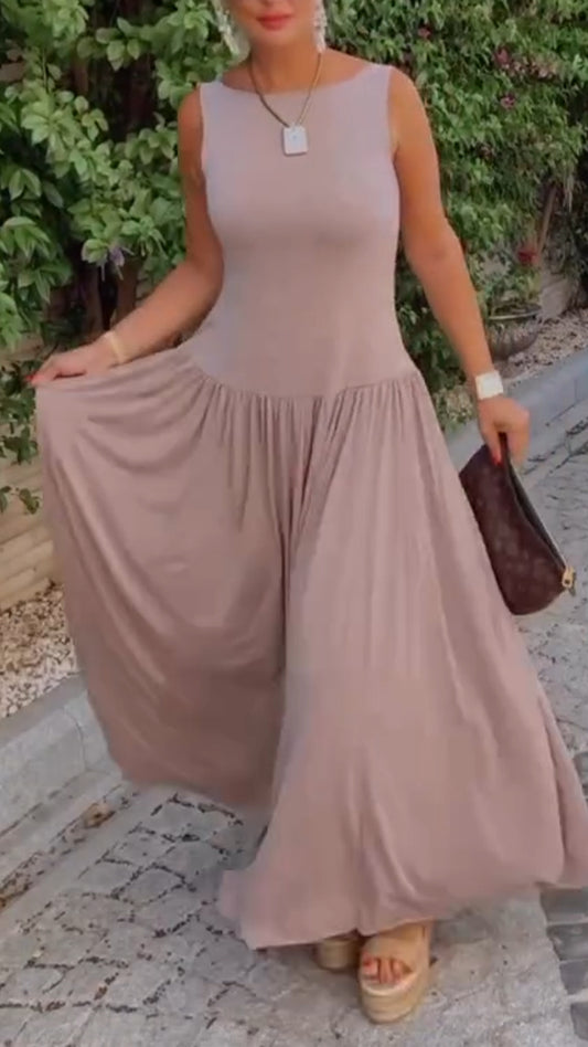 Damska sukienka swobodna z okrągłym dekoltem i łączeniem w jednolitym kolorze