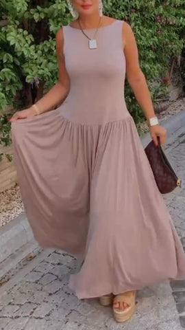 Damska sukienka swobodna z okrągłym dekoltem i łączeniem w jednolitym kolorze