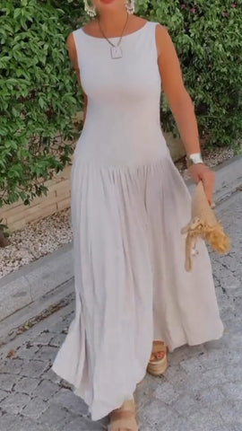 Damska sukienka swobodna z okrągłym dekoltem i łączeniem w jednolitym kolorze