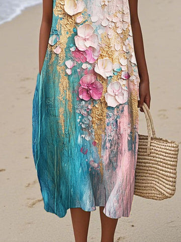 Damska sukienka casualowa z okrągłym dekoltem i nadrukiem bez rękawów