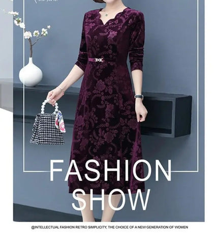 2024👗[XL-5XL]👗2024 złota aksamitna sukienka z długimi rękawami i dekoltem w szpic