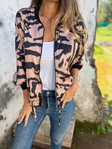 Damska kurtka typu bomber z nadrukiem zebry na jesień i zamkiem błyskawicznym