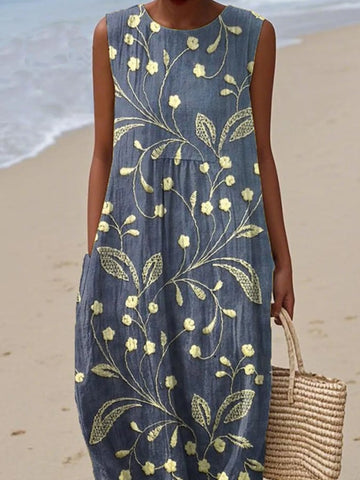 Damska sukienka bez rękawów z nadrukiem kwiatowym, bawełniana i lniana