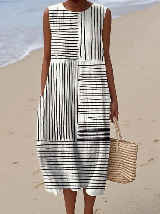 Damska sukienka swobodna z bawełny i lnu z nadrukiem