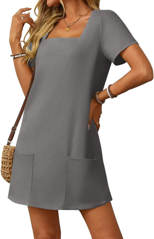 Damska sukienka mini z kwadratowym dekoltem i kieszeniami