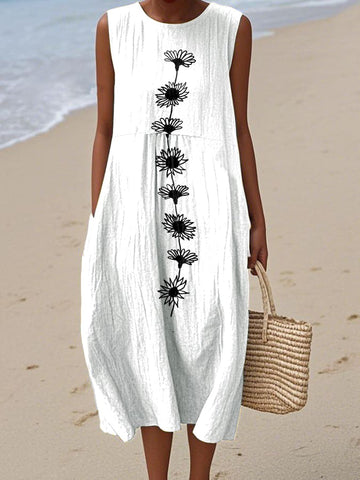 Damska sukienka bez rękawów z okrągłym dekoltem i nadrukiem